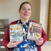Historian Lisa with books by and about Jewish-Americans