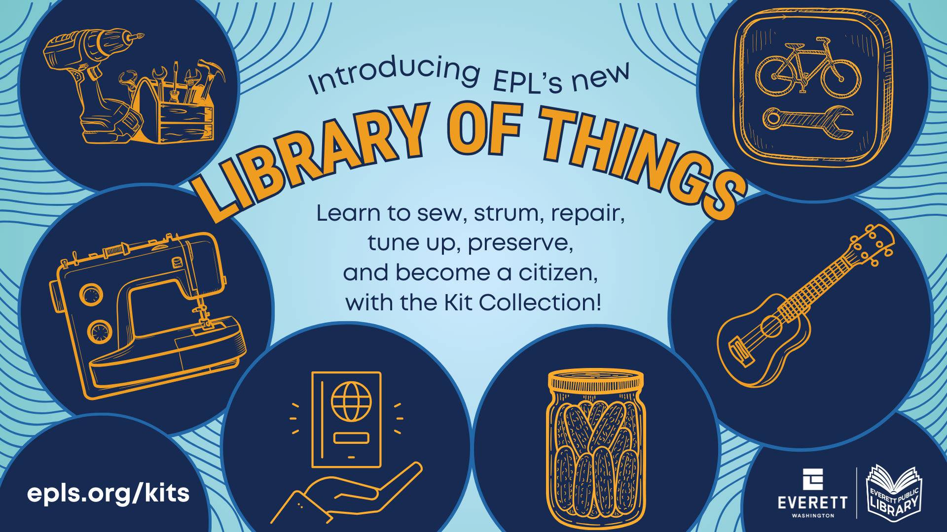 Graphic in blues and yellows showing drawings of kit contents