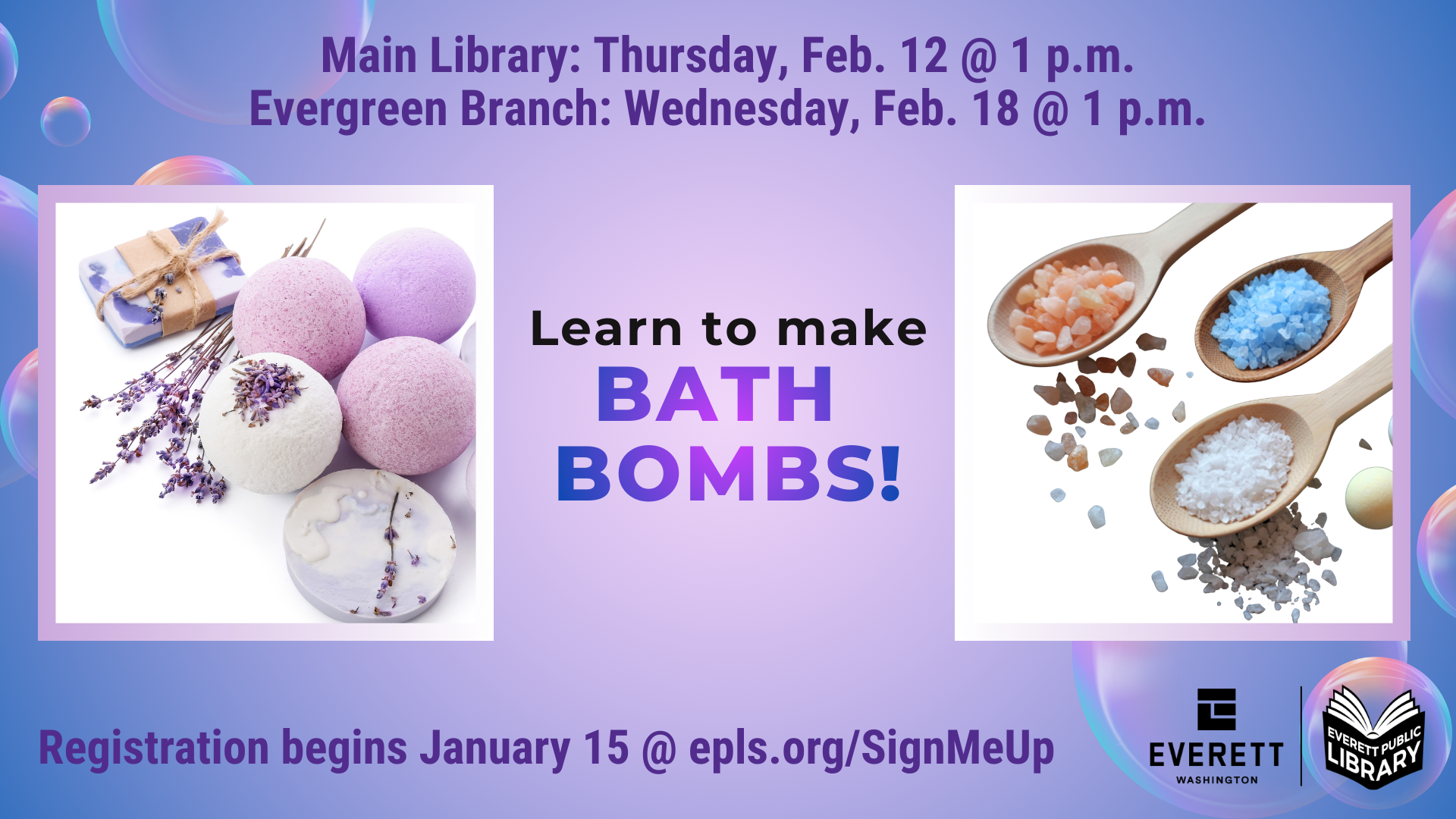 graphic in blues and purples showing bath bombs, ingredients, and program details