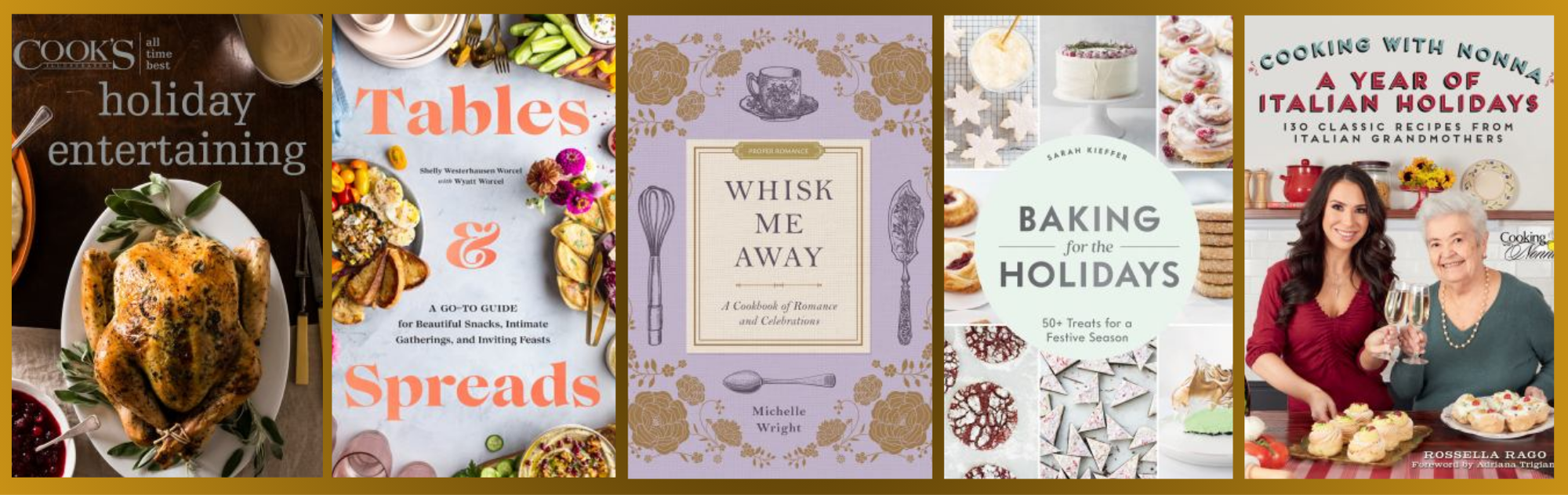 Graphic in gold and brown showing various cookbooks